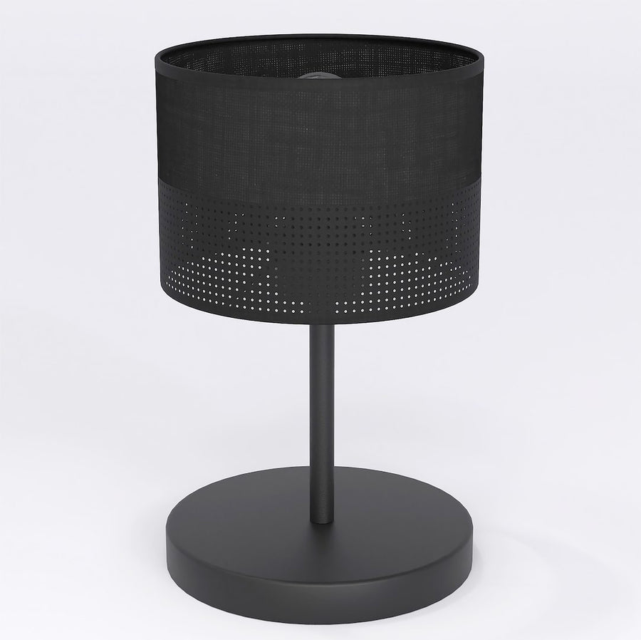 Lampe à poser noire de face, abat-jour cylindrique et base ronde, fond blanc