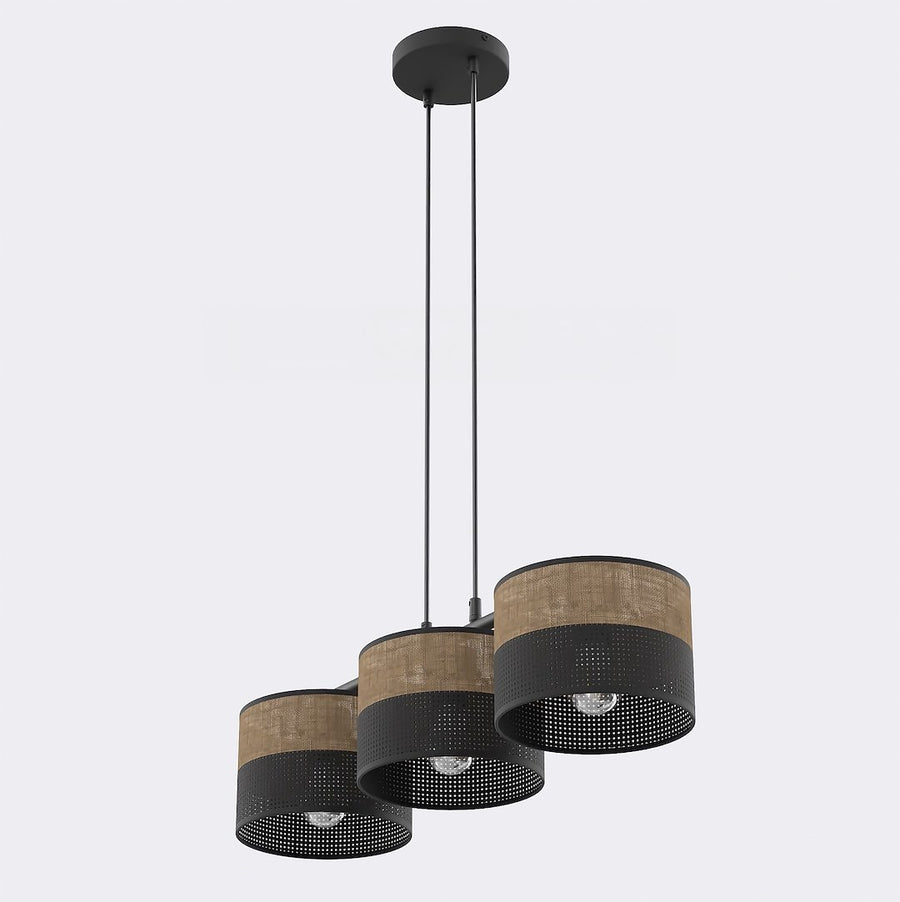 Suspension Karbon 3 lumières noire, tissu marron