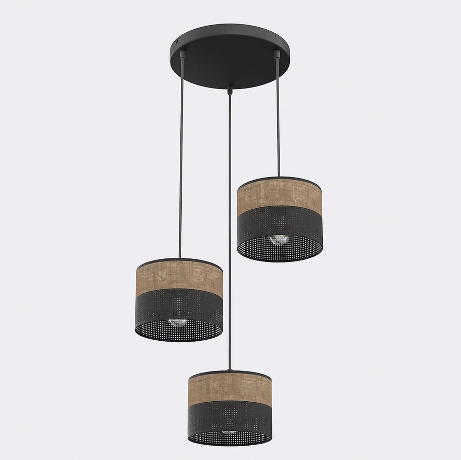 Suspension trois abat-jours cylindres décalés, tissu marron et métal noir perforé, fond blanc