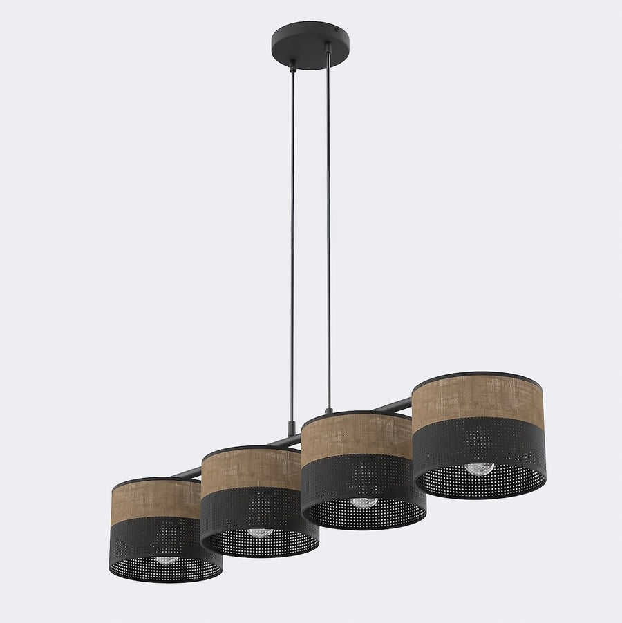 Luminaire suspendu vu de face, quatre abat-jours cylindriques noirs et bruns