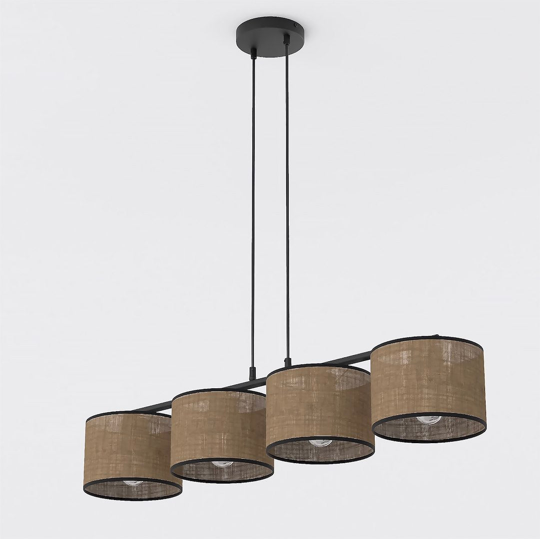 Suspension quatre abat-jours cylindriques en tissu beige, vue de face sur fond blanc