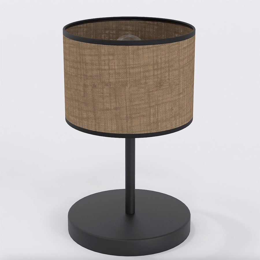 Lampe à poser de face, abat-jour cylindrique en tissu marron et pied métal noir