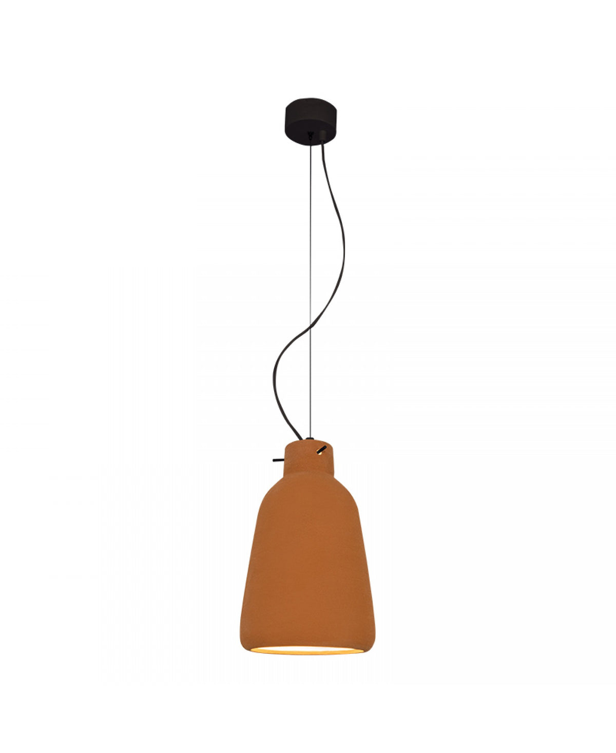 Vue de profil du luminaire suspendu avec rosace noire et câble apparent