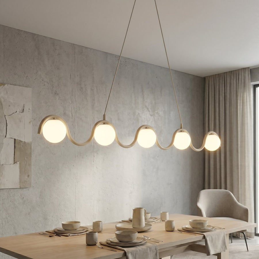 Suspension Sinus 5 lumières beige, verre blanc