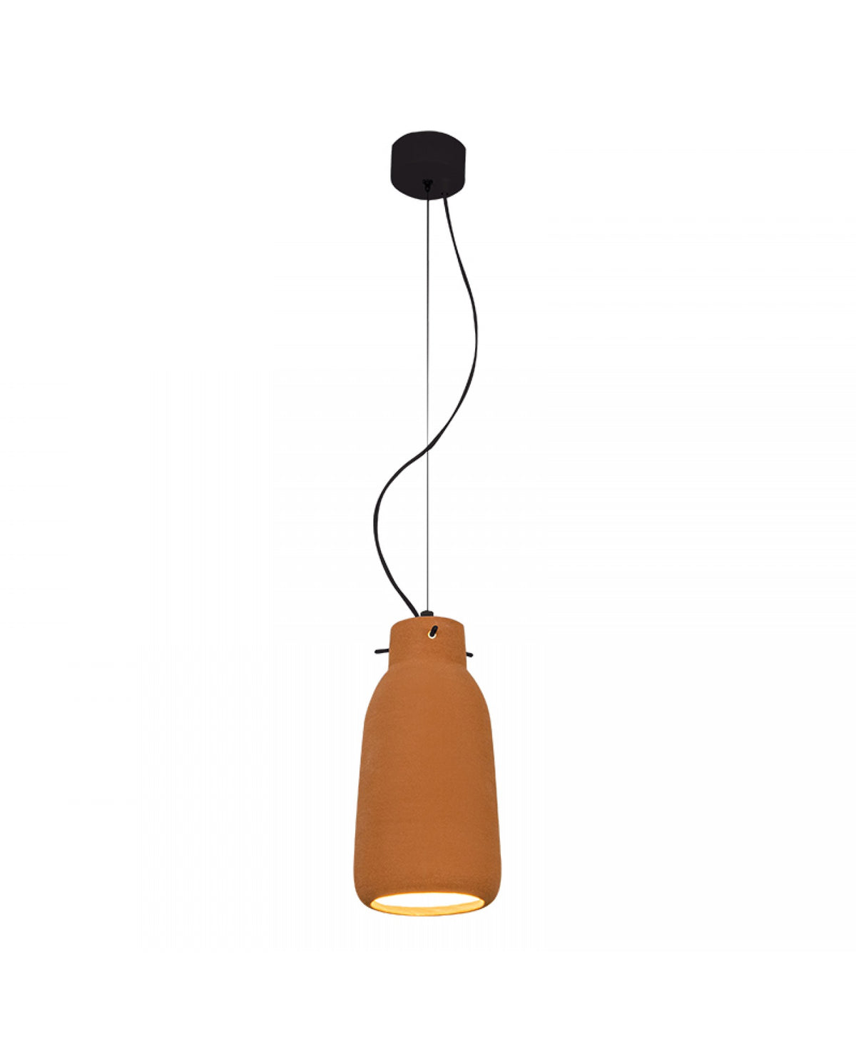 Vue rapprochée de la suspension en argile, câble noir et diffuseur lumineux.