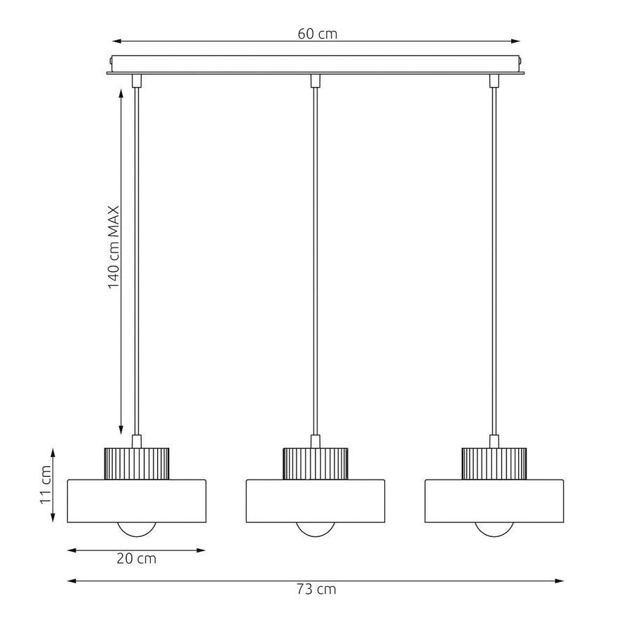 Schéma technique coté montrant la barre de 60 cm, la hauteur réglable et les trois luminaires.