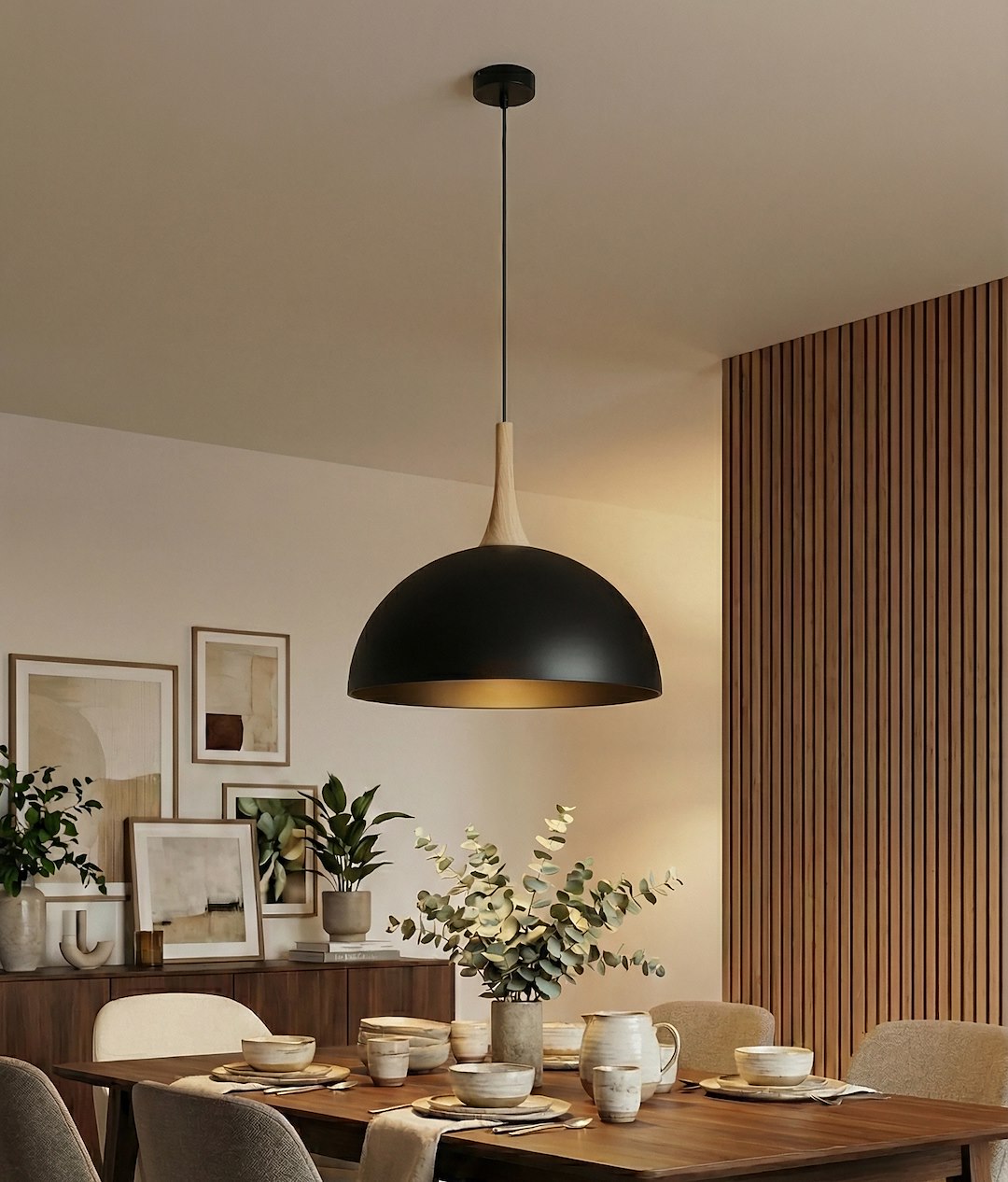 Mise en ambiance au-dessus d'une table en bois, mur lambrissé et intérieur chaleureux