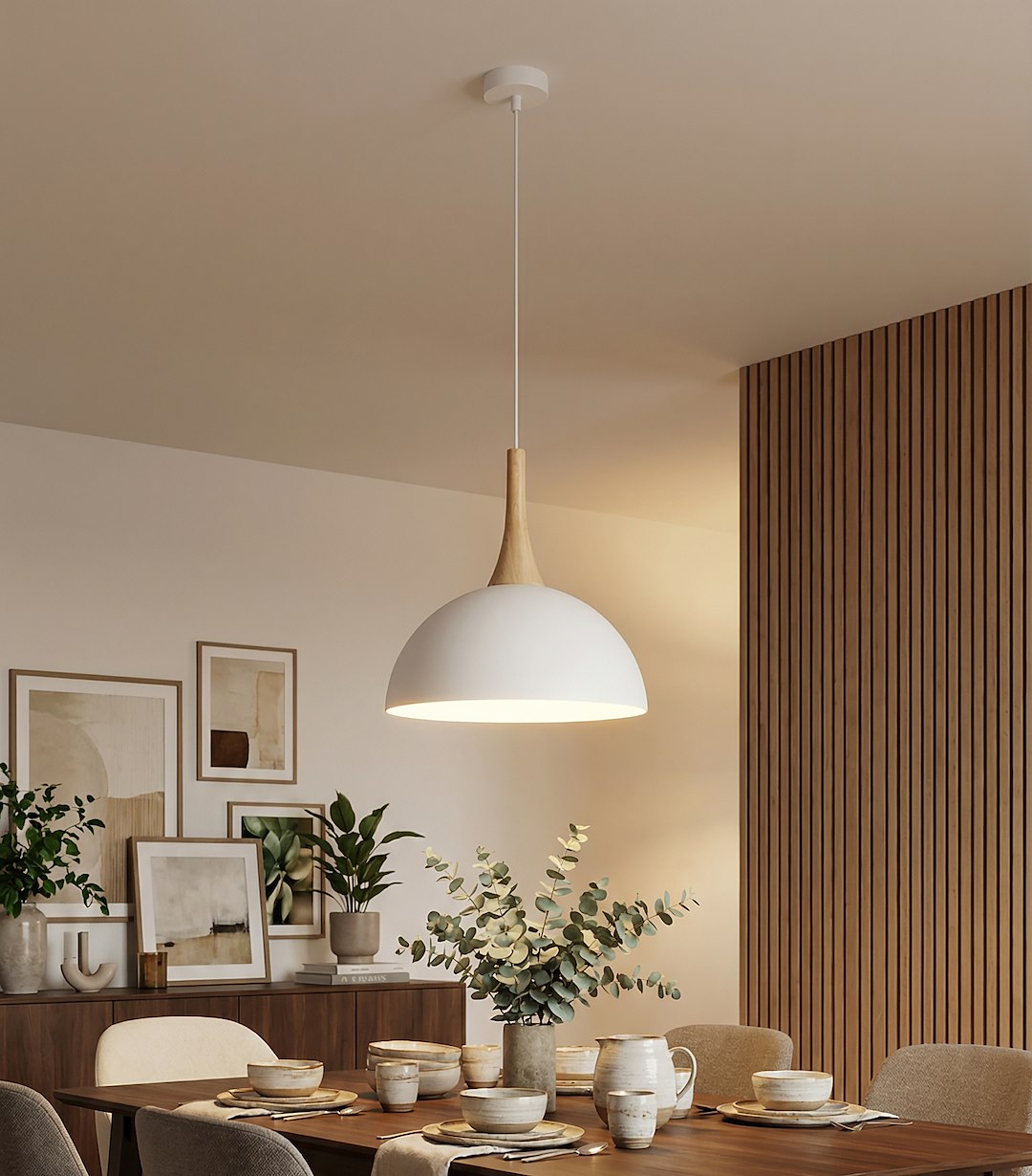 Mise en ambiance : suspension allumée au-dessus d'une table dans une salle à manger.