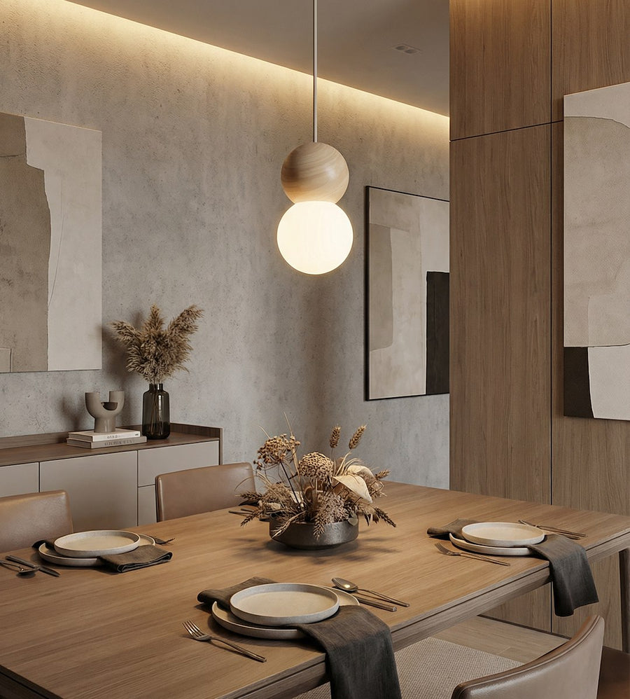 Ambiance au-dessus d'une table à manger, décor minéral et tons beige