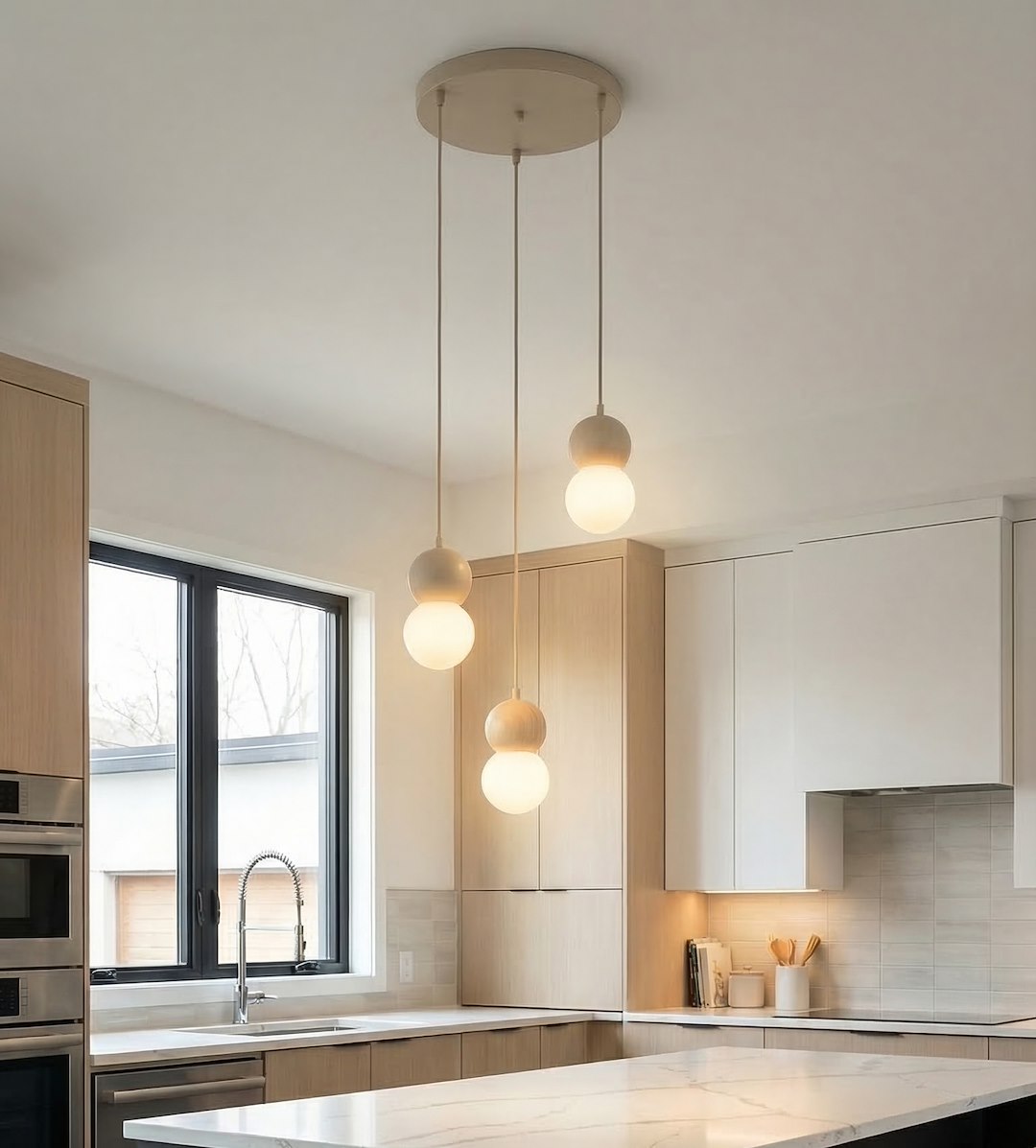 Ambiance cuisine moderne : suspension éclairée au-dessus d'un îlot en marbre blanc.