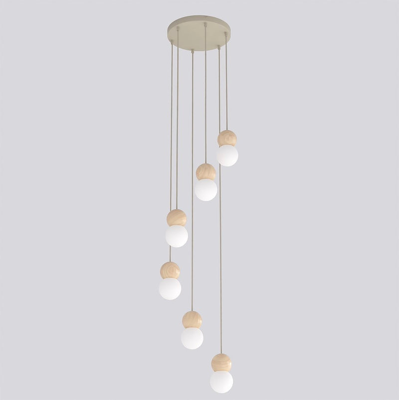 Suspension Loop 6 lumières beige, bois blanc