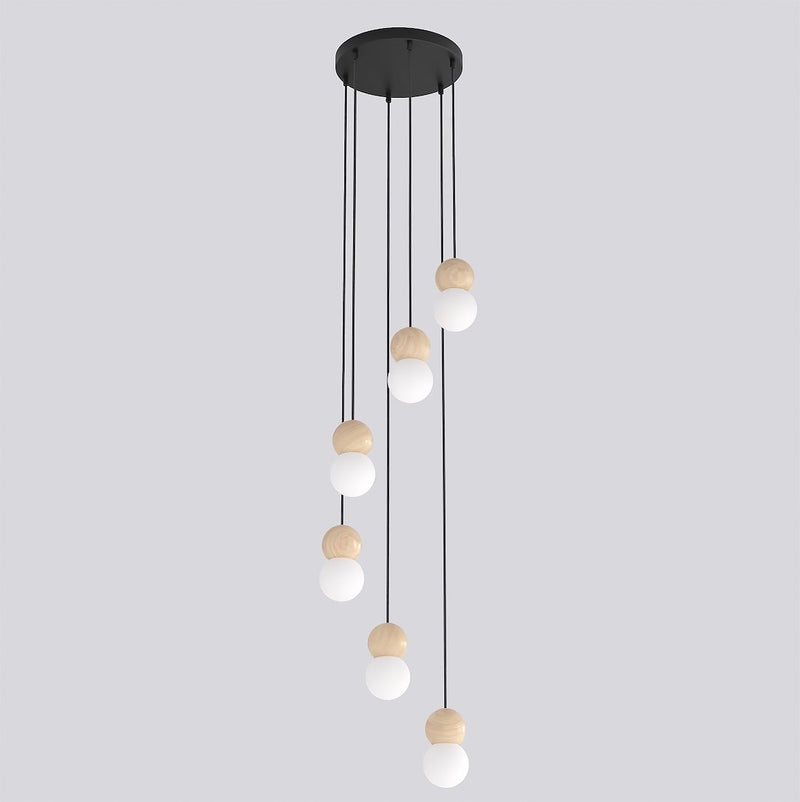 Suspension Loop 6 lumières noire, bois blanc