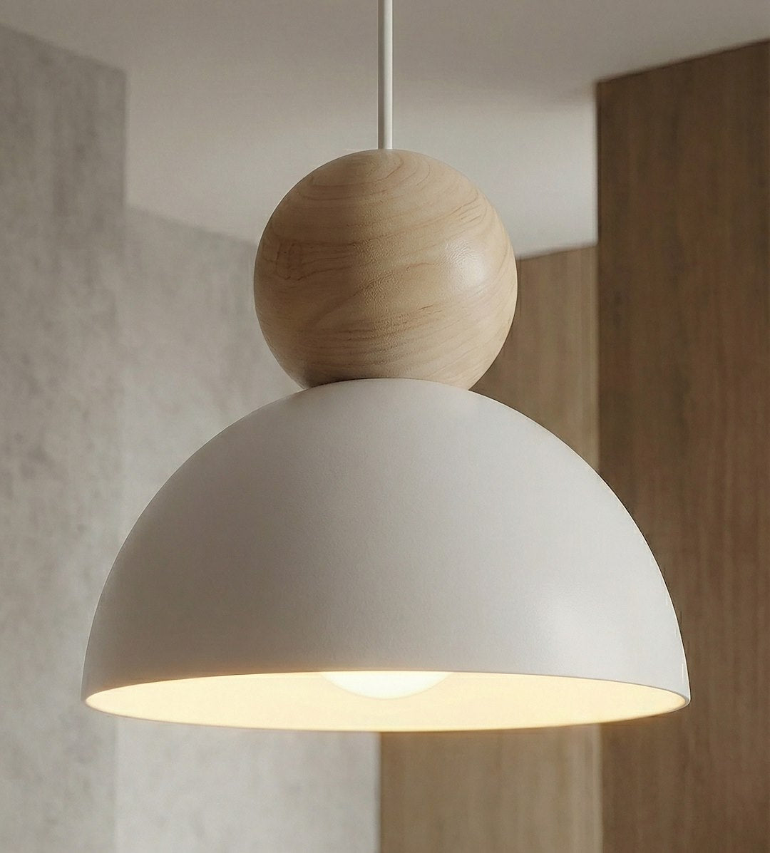 Gros plan sur une suspension : boule en bois et abat-jour blanc, ampoule visible