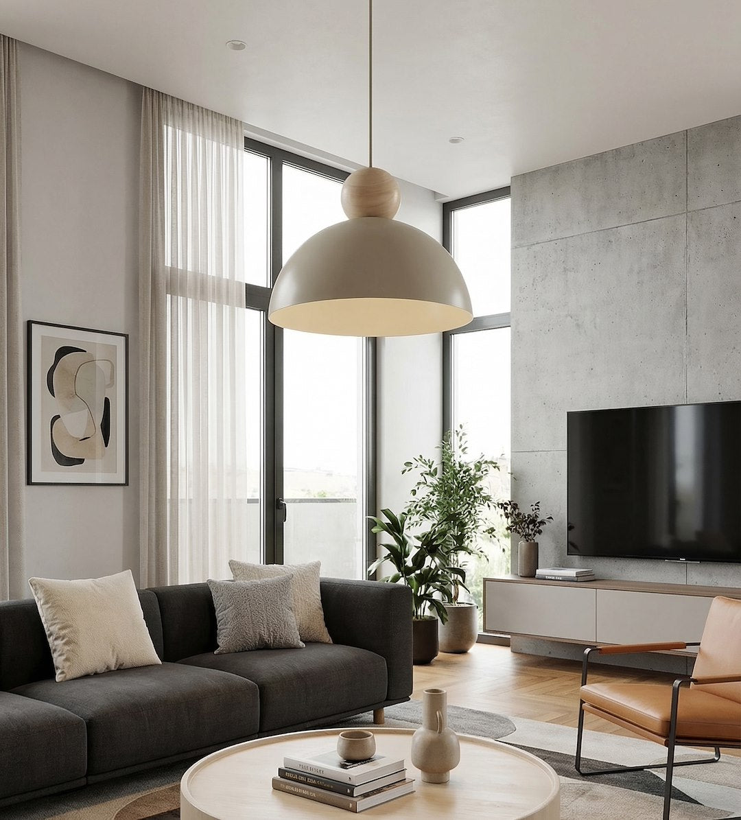 Ambiance séjour contemporain, suspension allumée devant une grande baie vitrée et un canapé.