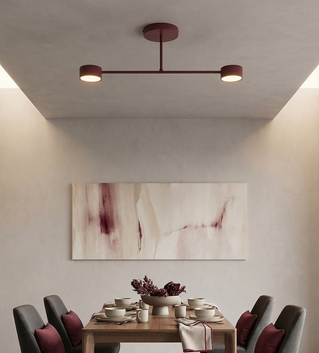 Mise en ambiance au-dessus d'une table à manger, intérieur clair