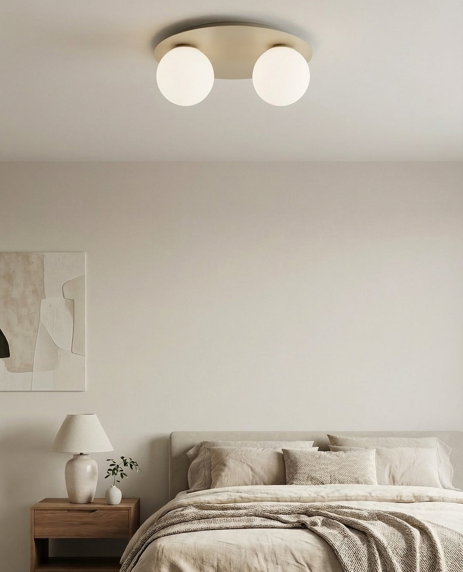 Plafonnier Solar 2 lumières beige, verre blanc