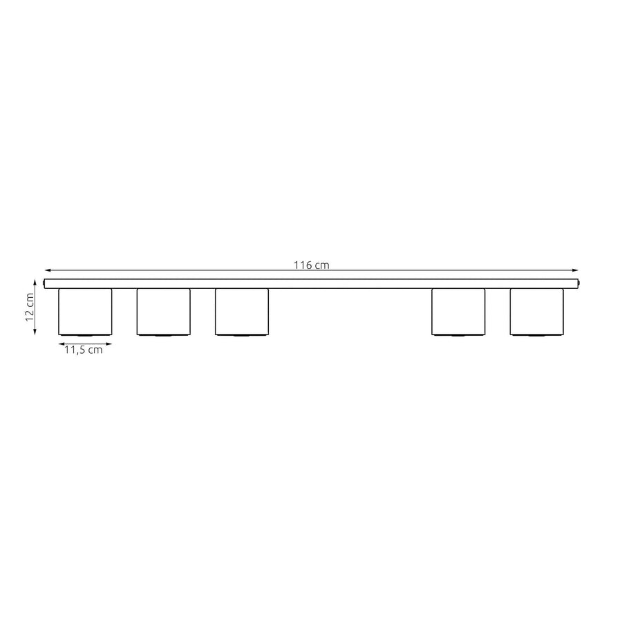 Schéma de dimensions du plafonnier large de 116 cm et spots de 11,5 cm