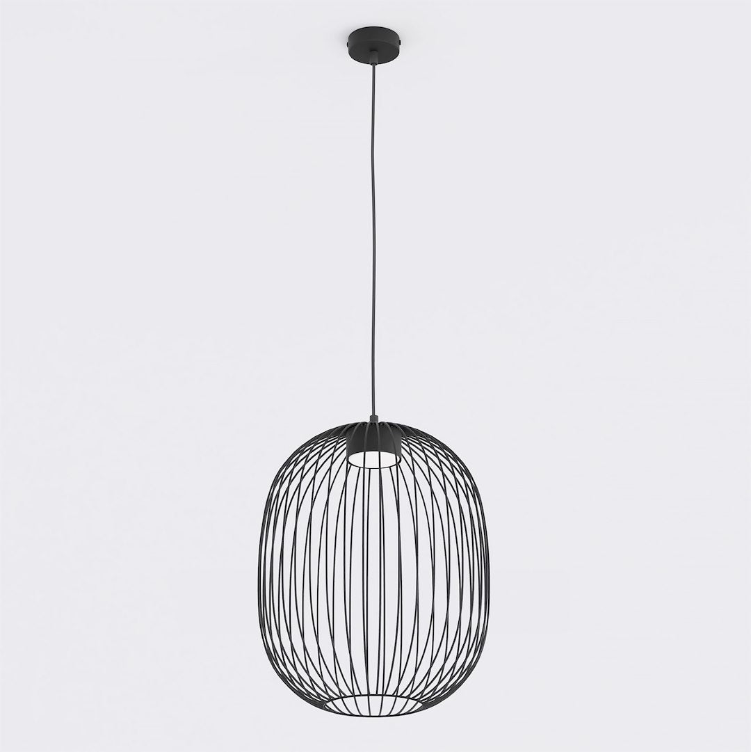 Suspension noire en métal, abat-jour cage ovoïde, vue de face sur fond blanc
