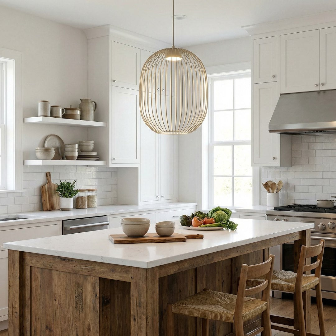 Mise en ambiance dans une cuisine blanche avec îlot central en bois