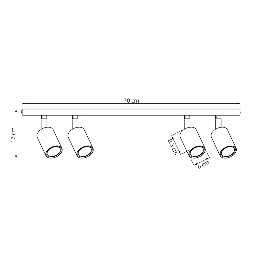 Schéma coté du plafonnier : barre de 70 cm, hauteur 17 cm et spots de 8,5 cm.
