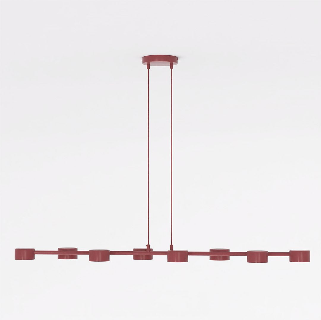 Vue frontale stricte du luminaire, tige double et barre fine portant huit cylindres.