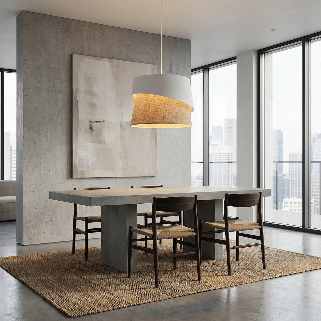 Ambiance repas avec la suspension allumée au-dessus d'une table en béton