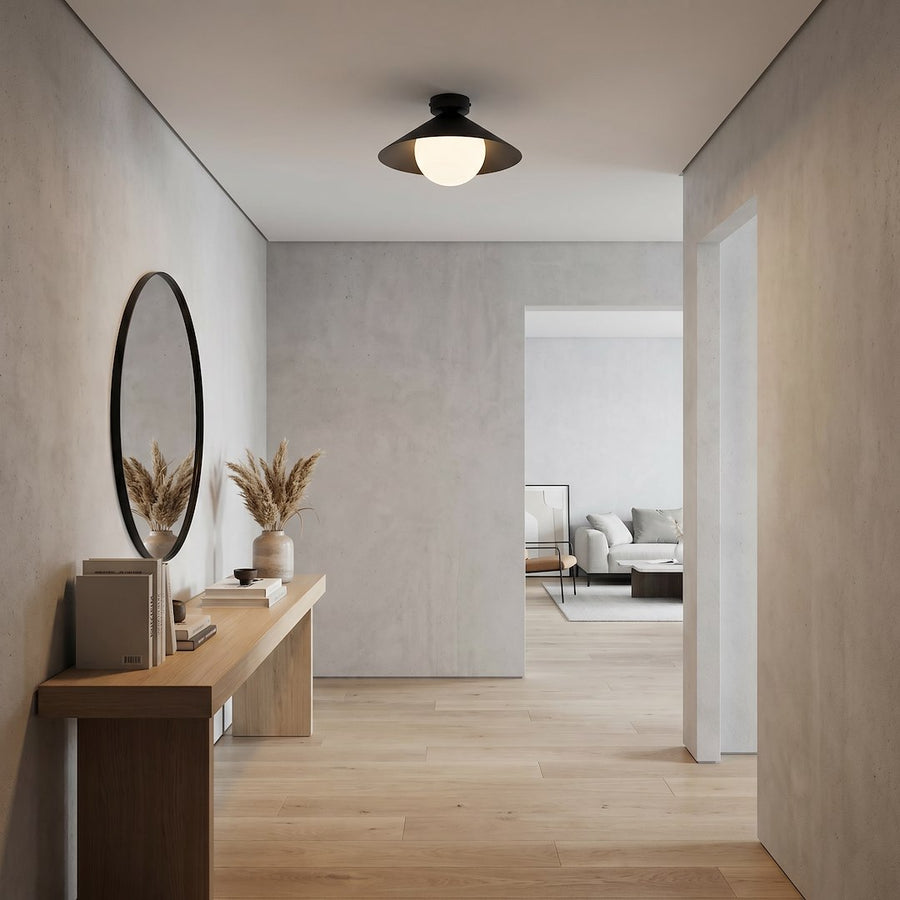 Ambiance entrée minimaliste, luminaire fixé au plafond au-dessus d'une console.