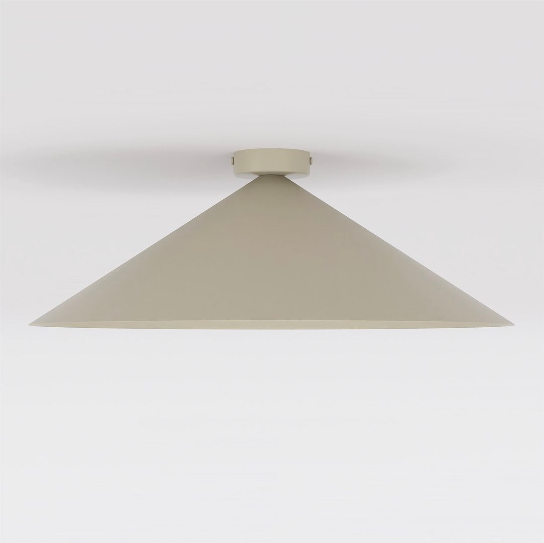 Plafonnier beige conique vu de face sur fond blanc, silhouette triangulaire et rosace centrale.