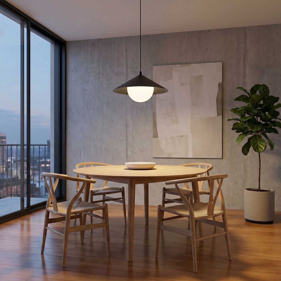 Mise en ambiance le soir au-dessus d'une table ronde, murs béton et baie vitrée