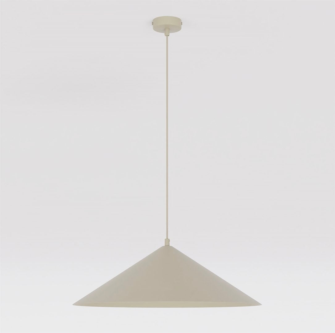 Suspension beige de face, large cône et câble fin sur fond neutre