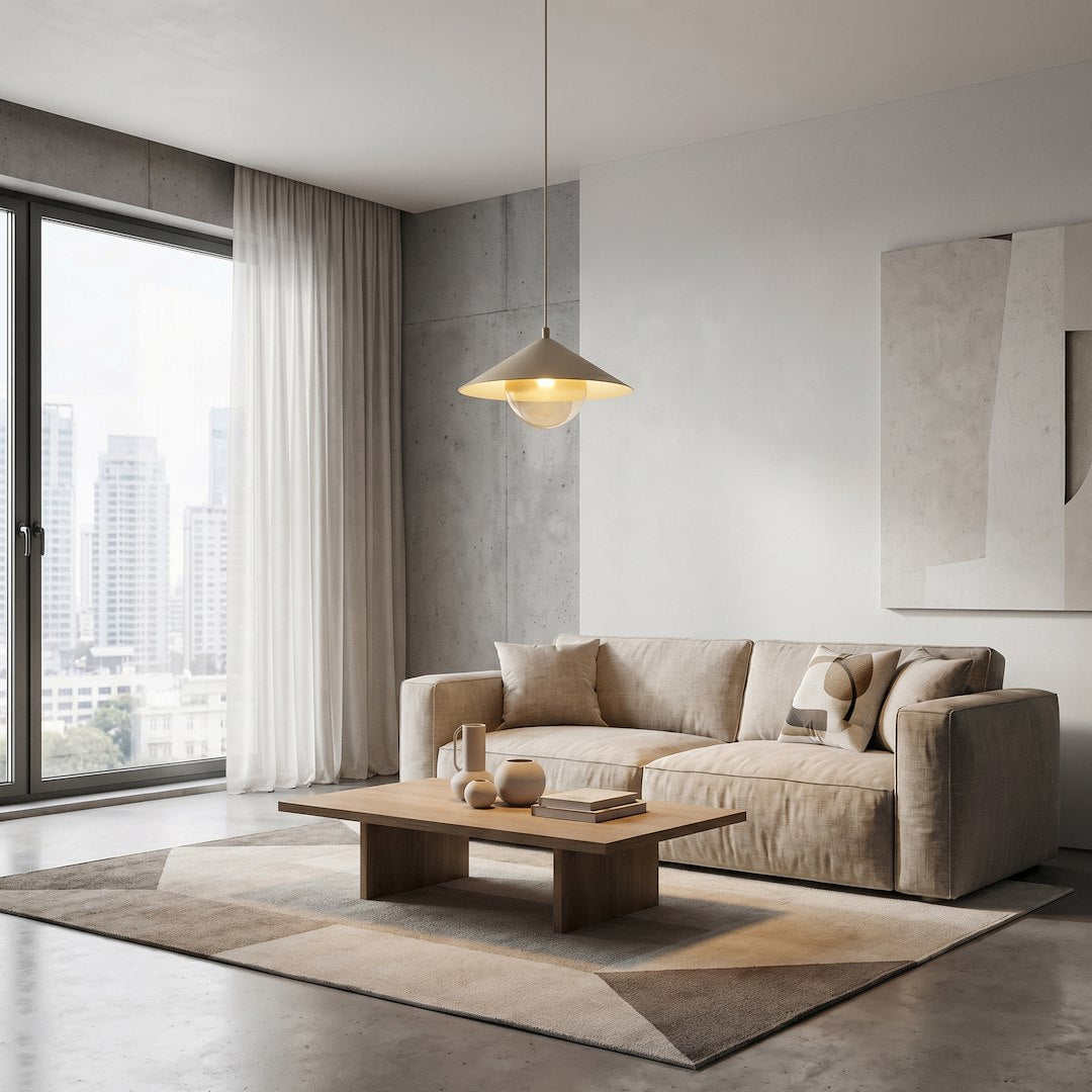 Mise en ambiance salon contemporain, suspension allumée au-dessus d'un canapé beige clair.