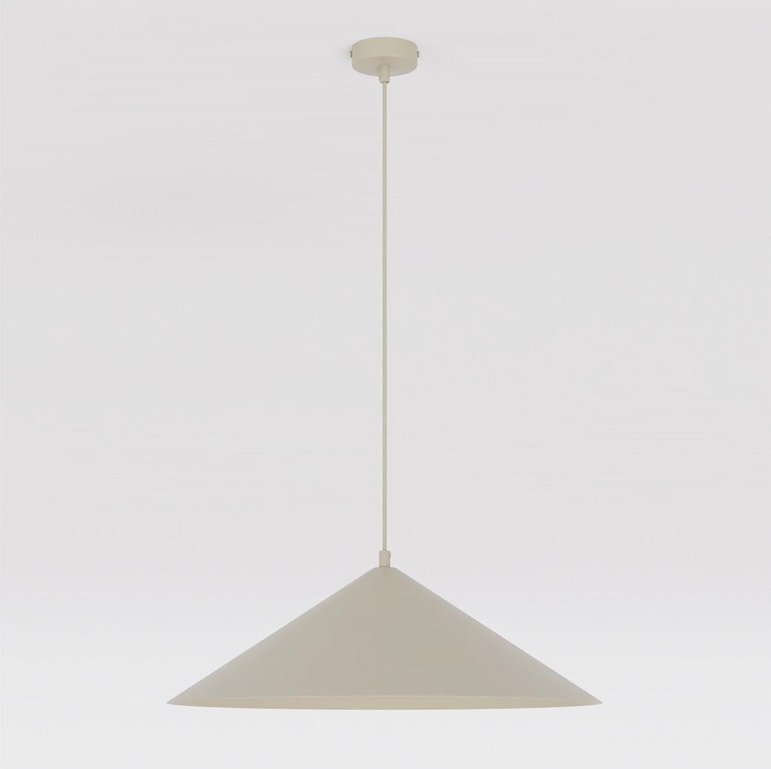 Suspension beige de face, abat-jour conique large suspendu par un câble fin