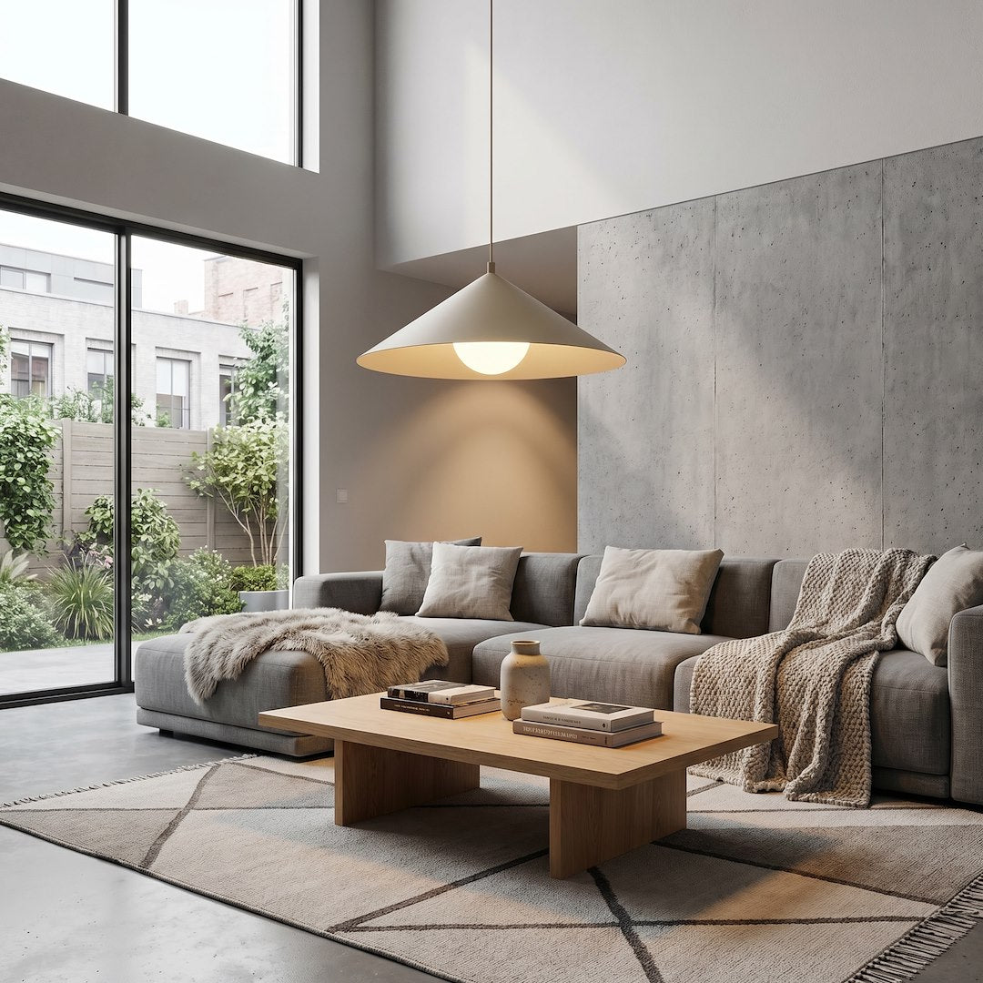 Mise en ambiance dans un salon moderne avec canapé gris et grande baie vitrée