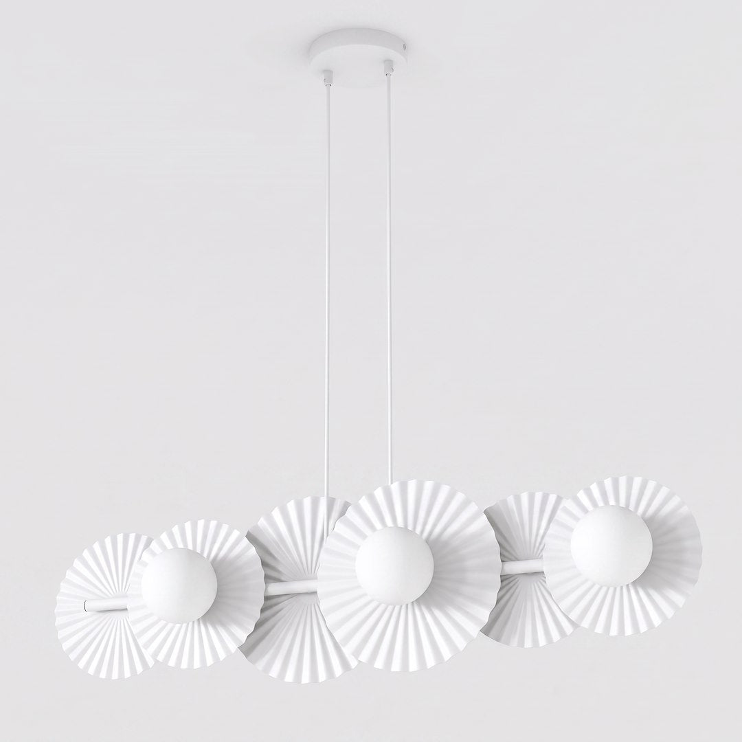Suspension blanche à six disques plissés et globes de verre, vue de face sur fond neutre