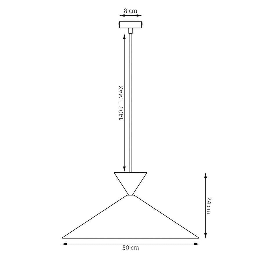 Schéma coté du luminaire avec diamètre 50 cm, hauteur 24 cm et câble 140 cm.