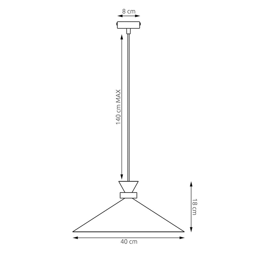 Schéma coté indiquant 18 cm de hauteur, 40 cm de diamètre et câble 140 cm