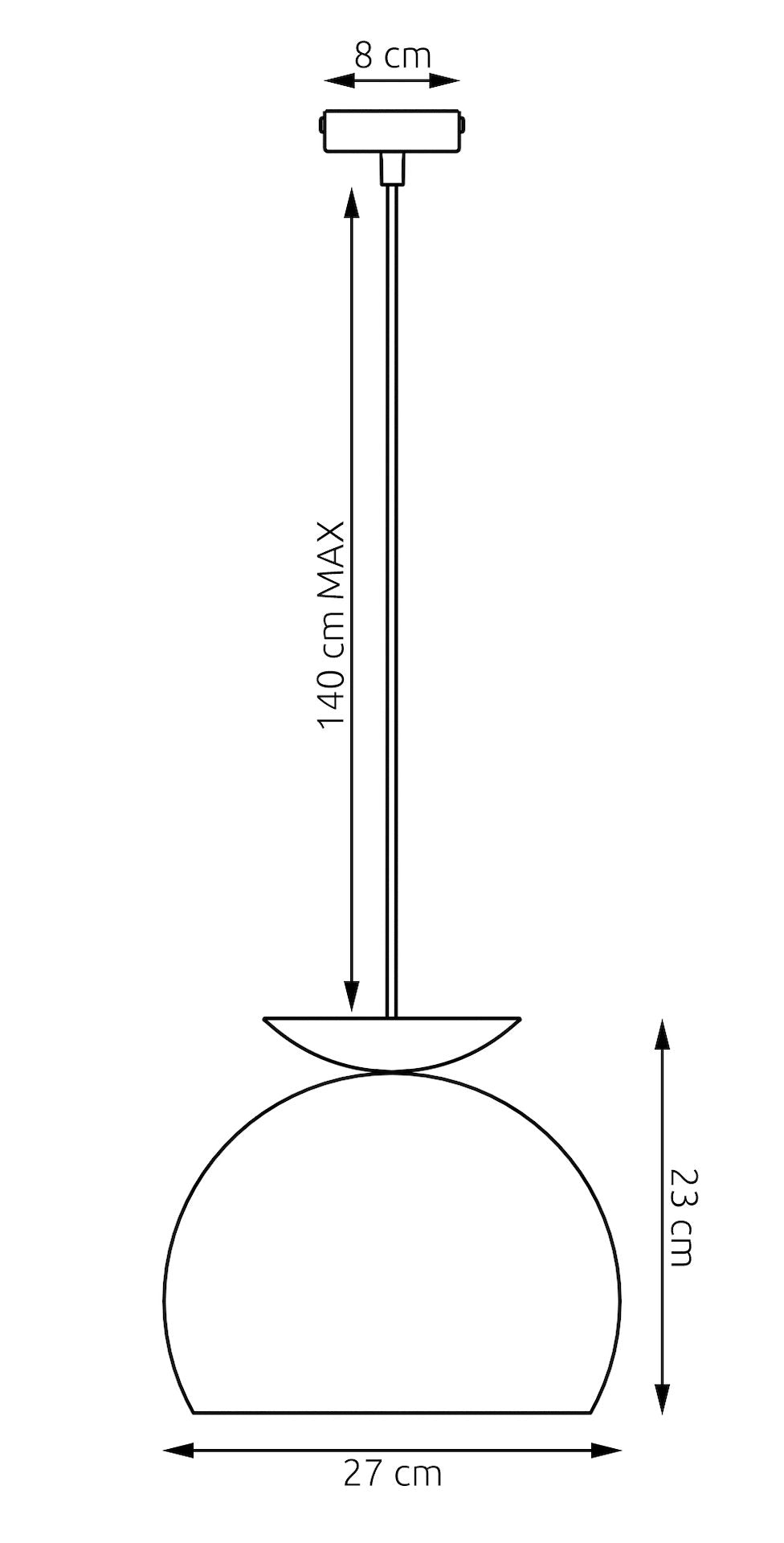 Schéma coté de la suspension : hauteur 23 cm, largeur 27 cm, câble 140 cm.