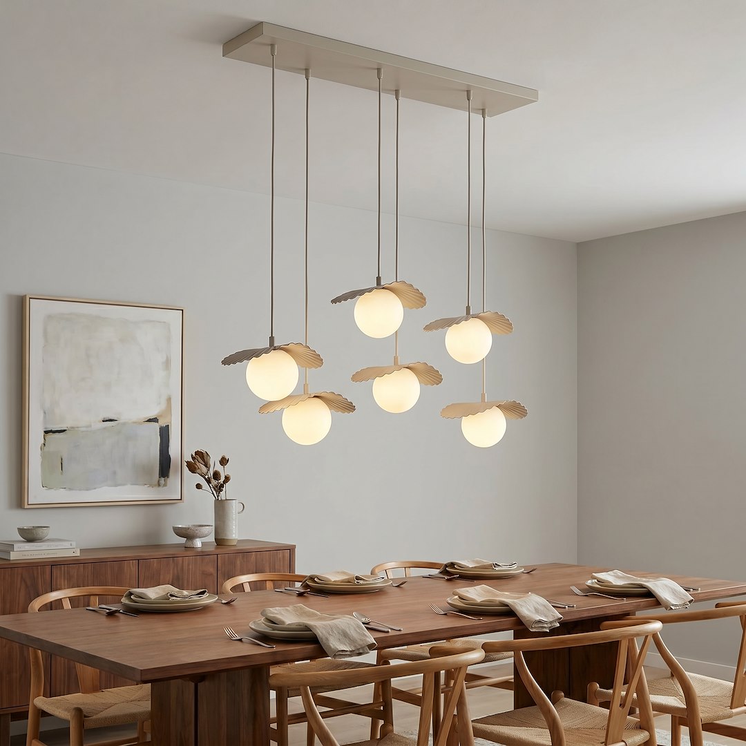 Scène de salle à manger en bois, suspension six lumières éclairée au-dessus de la table