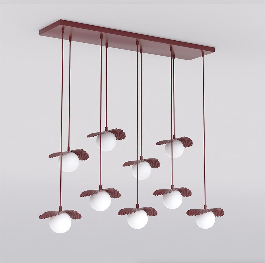 Vue produit de face sur fond gris clair, suspension complète à neuf globes.