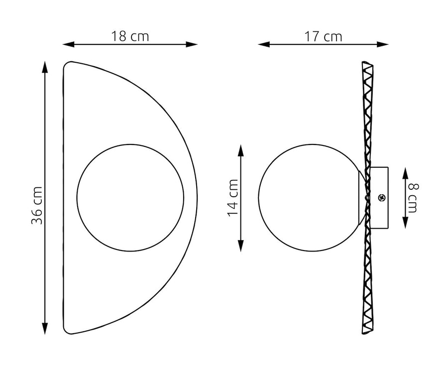 Schéma coté de l applique murale indiquant les dimensions 18, 36, 17, 14 et 8 cm.