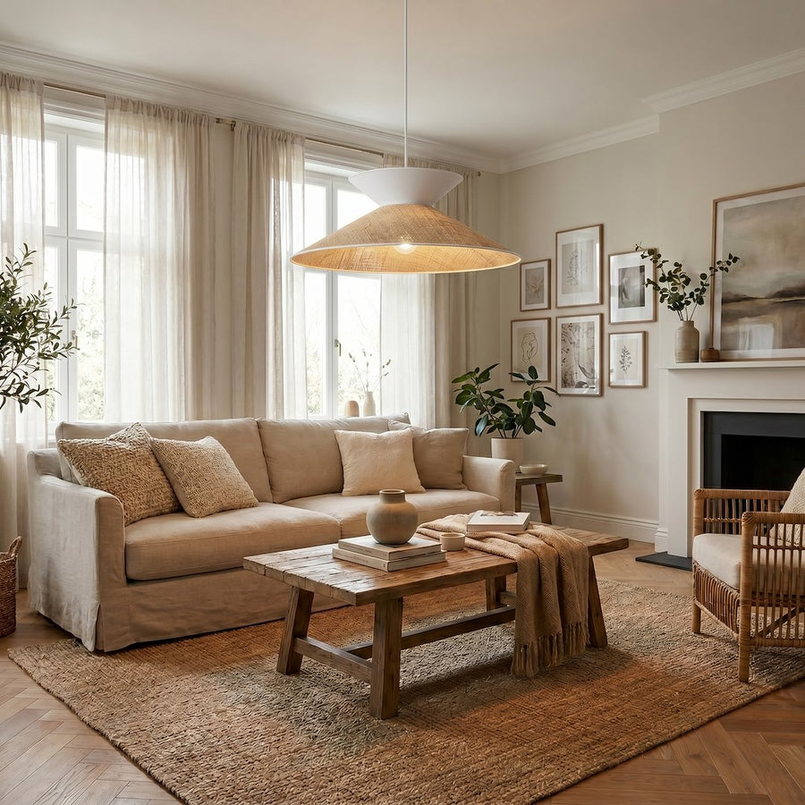 Suspension allumée dans un salon beige, canapé, coussins, table basse et tapis en jute.