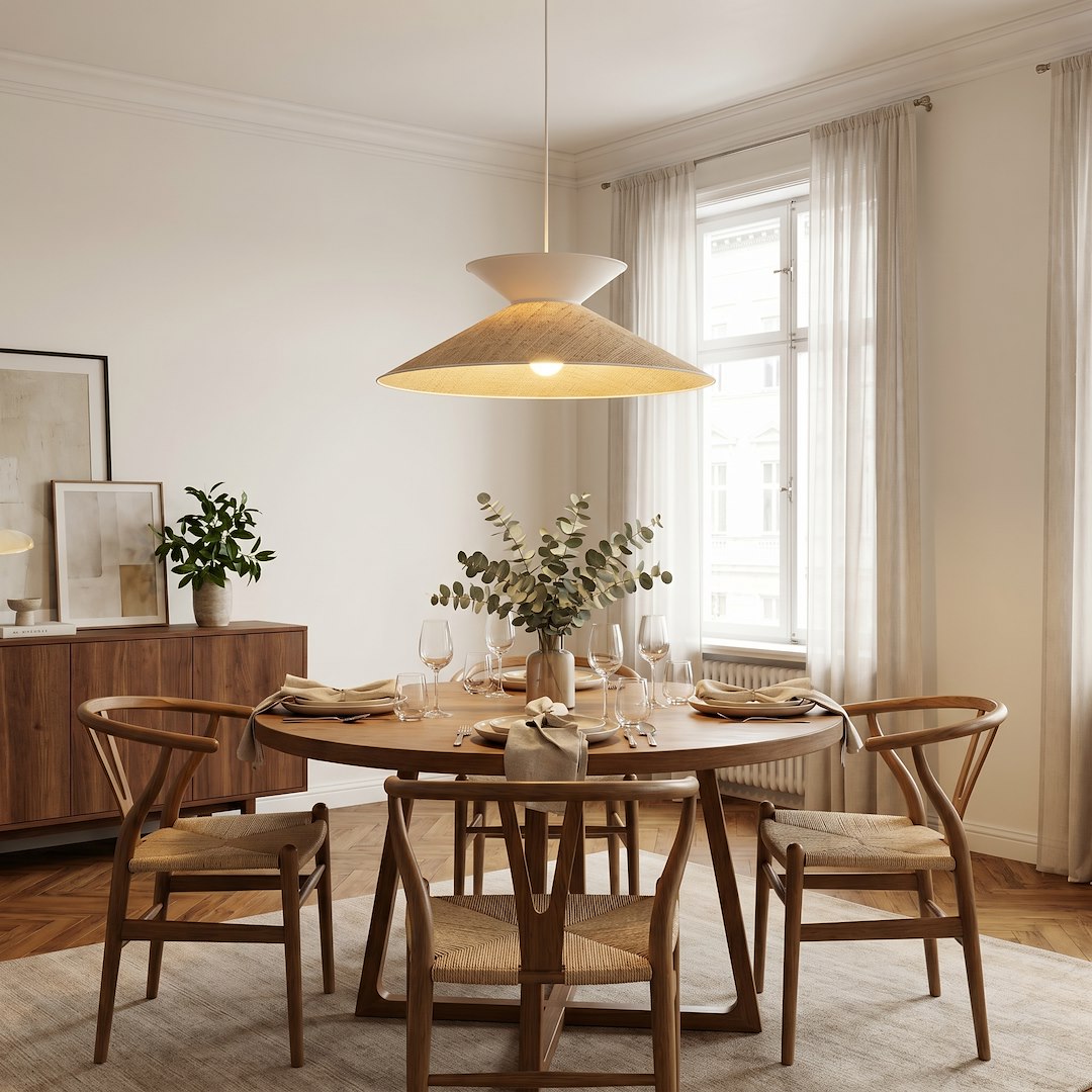 Suspension éclairée au-dessus d'une table ronde en bois, chaises et verres dressés.
