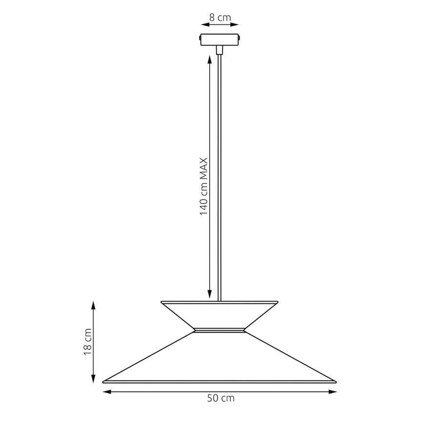 Schéma technique coté, diamètre 50 cm, hauteur 18 cm, câble 140 cm
