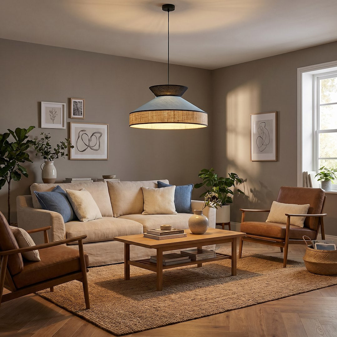 Mise en ambiance dans un salon, suspension allumée au-dessus d'une table basse.