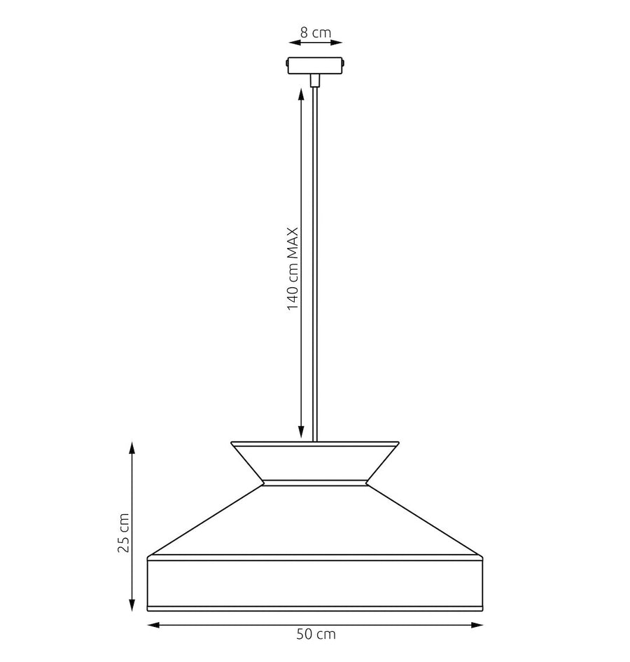 Schéma coté du luminaire : diamètre 50 cm, hauteur 25 cm, câble 140 cm