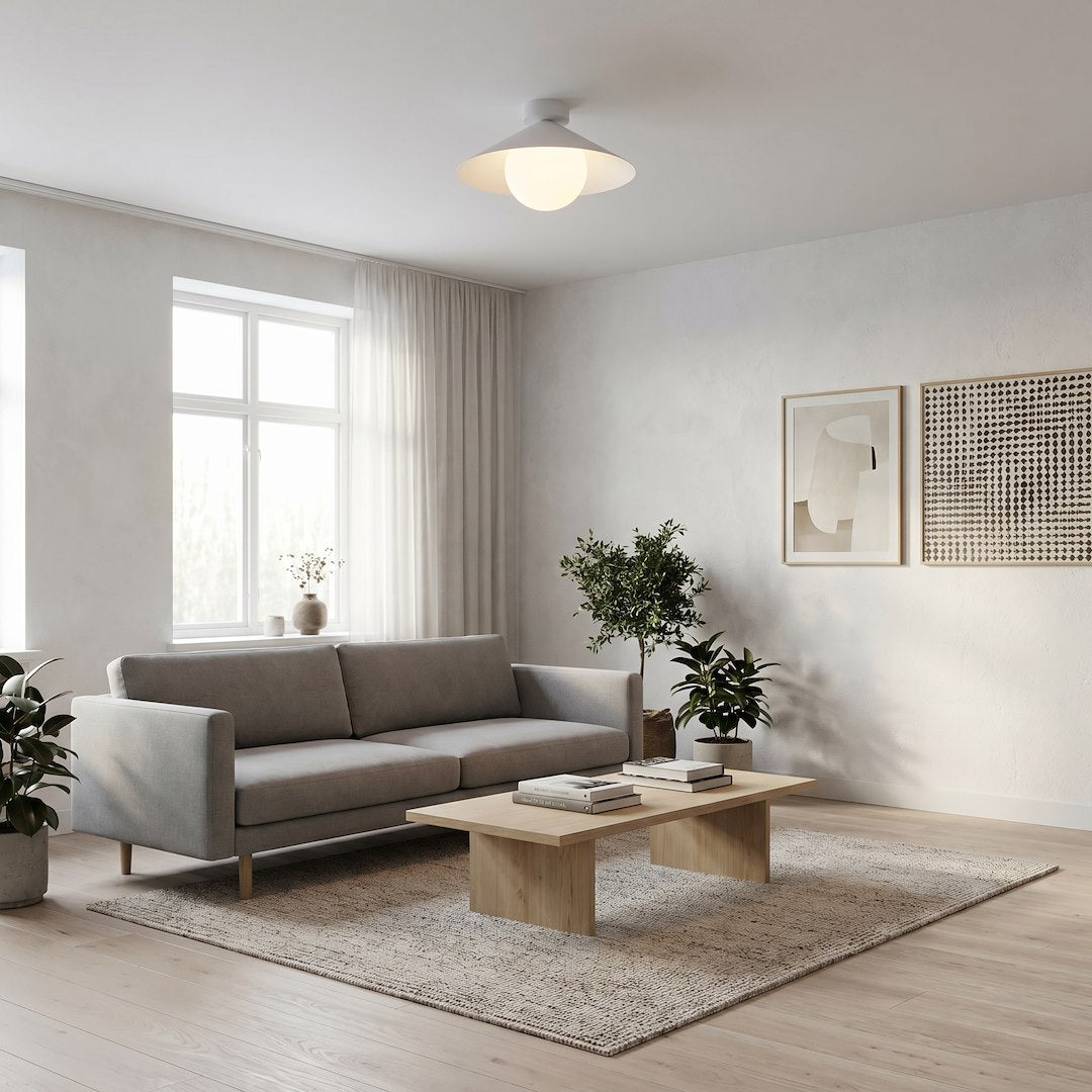 Scene de salon blanc epure, canape, table basse en bois et plantes vertes