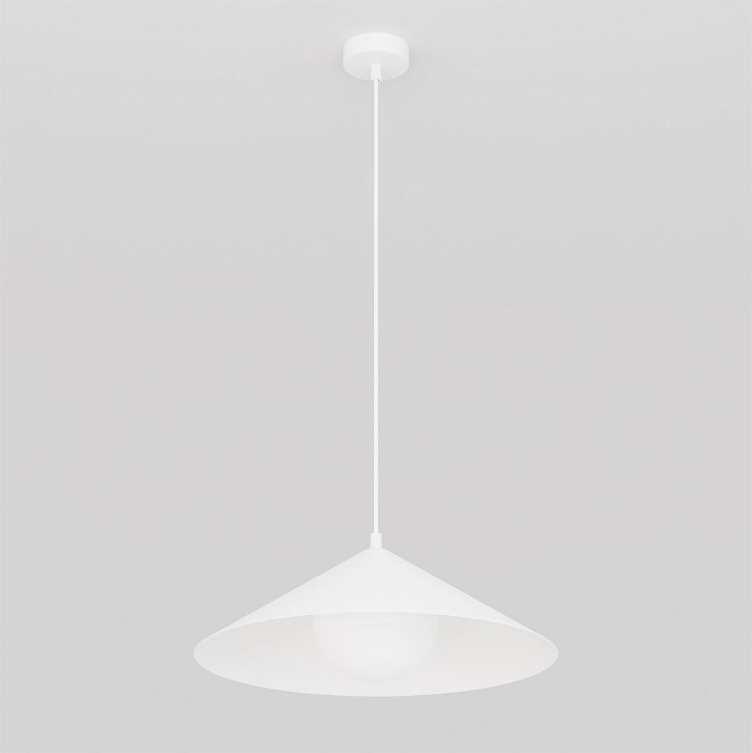 Vue de profil du luminaire blanc, câble fin et abat-jour conique détaillé