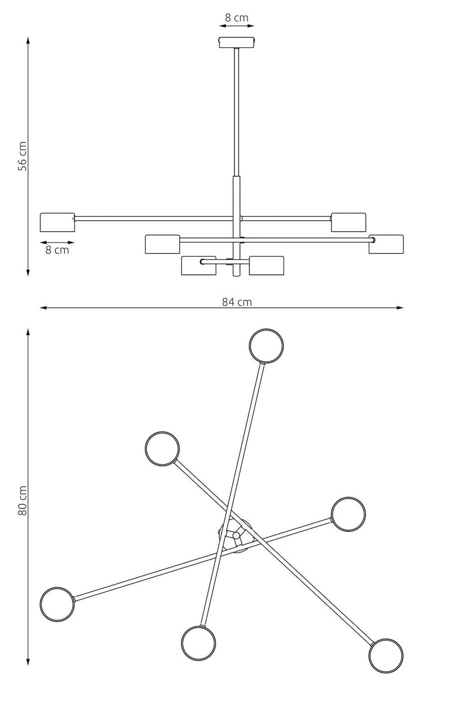 Schéma technique coté indiquant hauteur, largeur et diamètre des diffuseurs du luminaire