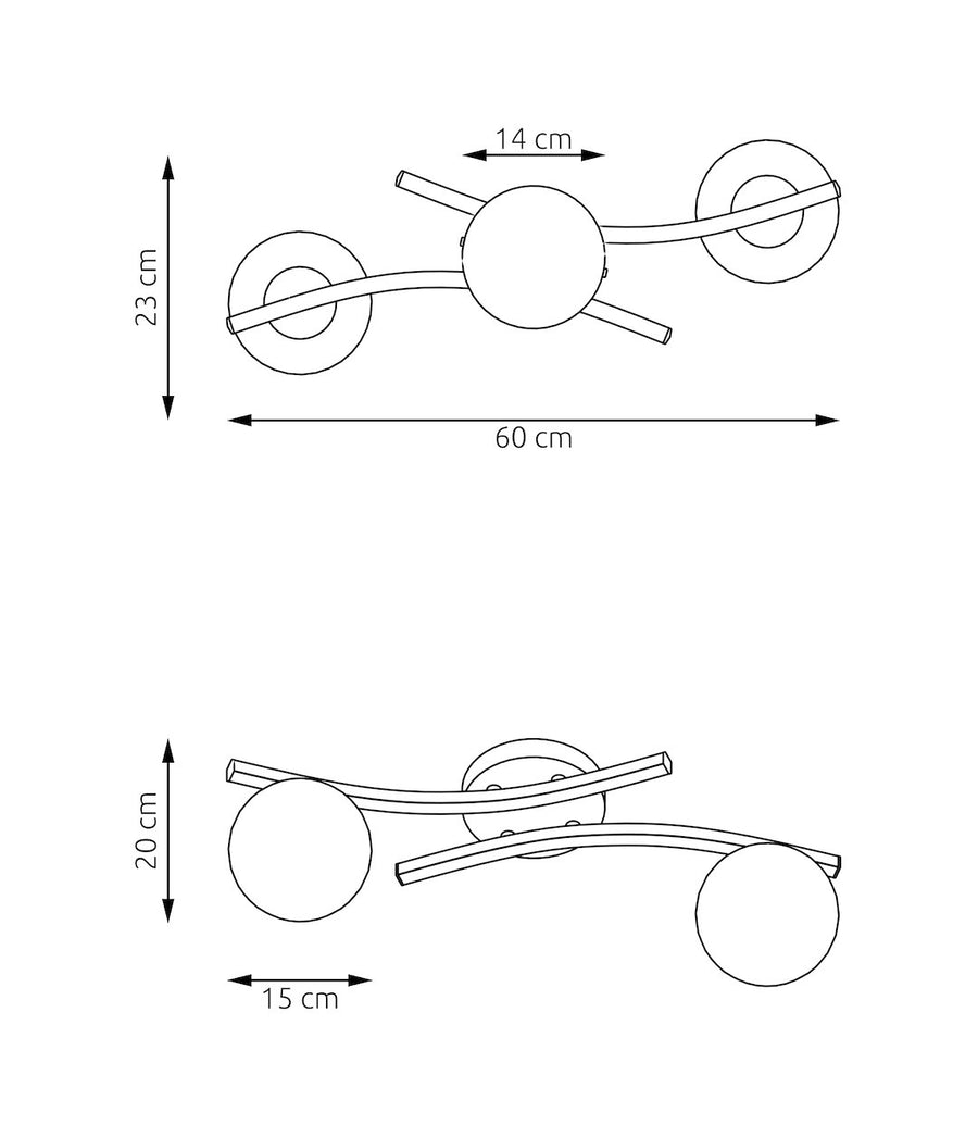Schéma coté du plafonnier : 60 cm de large, 23 cm de haut, 20 cm de profondeur