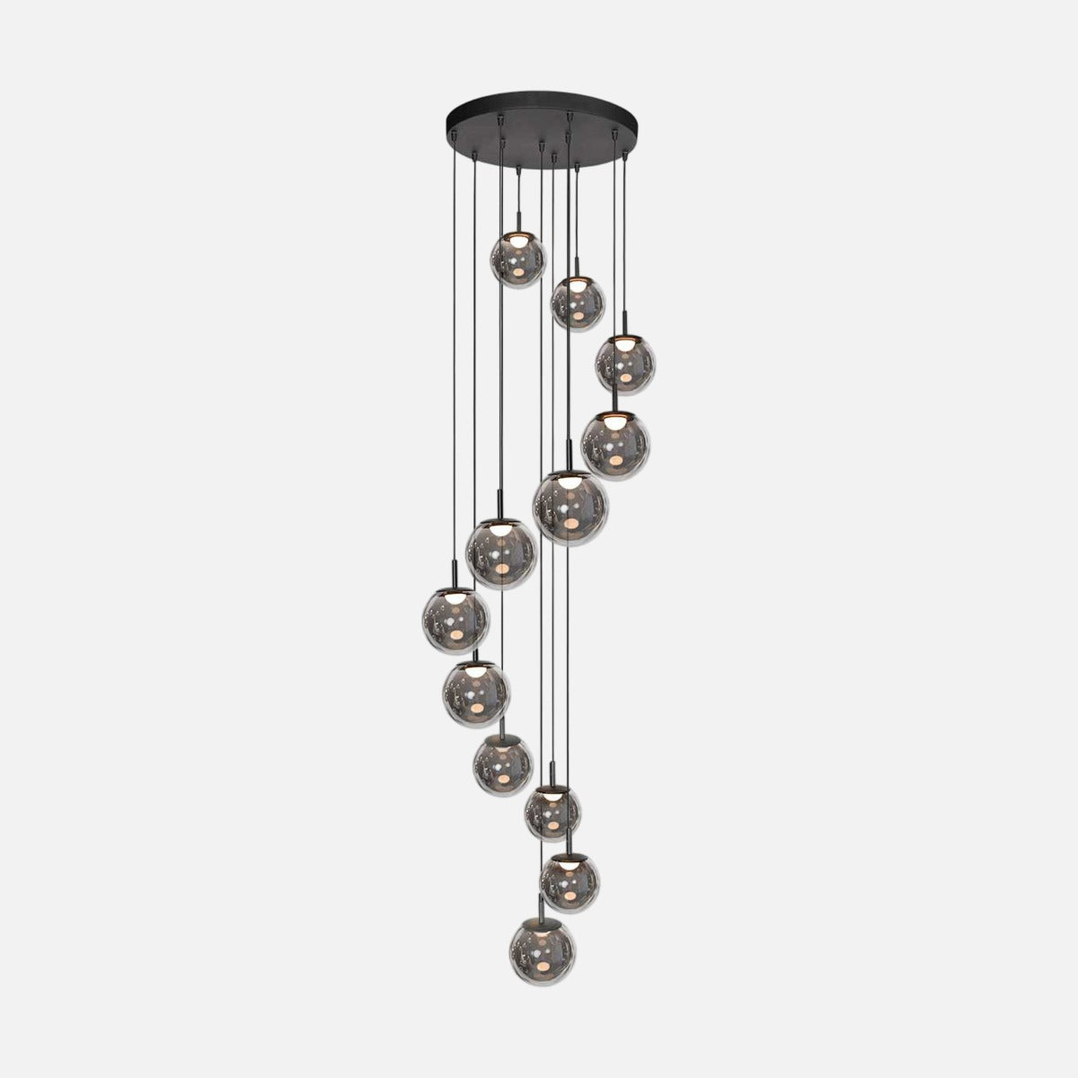 Suspension globes verre noire Ø 60 cm, 12 lumières LED